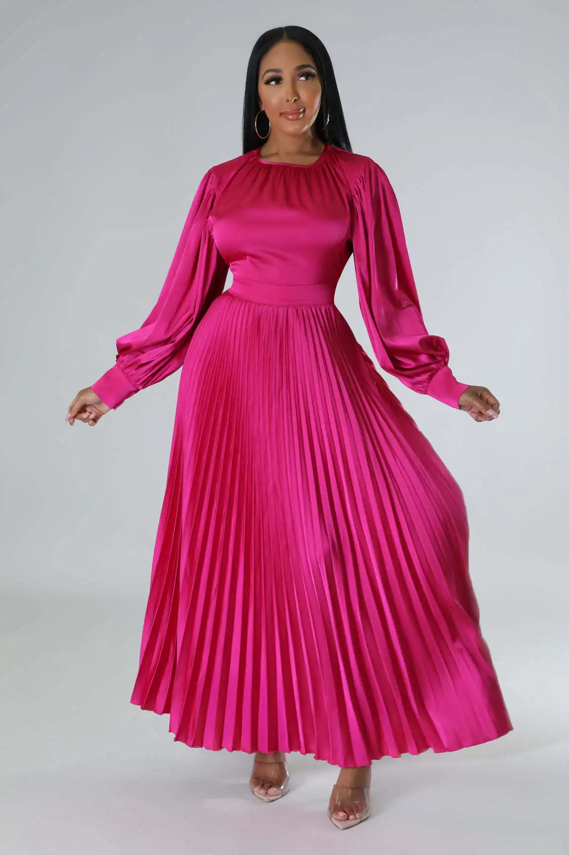 2024 Spring Pleated Loose Fit Maxi Dresses Women Solid Ruched Lantern Sleeve Party Evening Wedding Long Dress Women - She Vibess By C2P