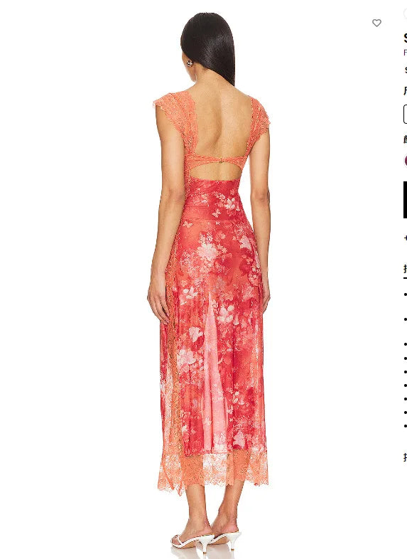 Summer New Lace Backless Shoulder Strap Splicing Slit Pattern Long Dress Women's Clothing - She Vibess By C2P