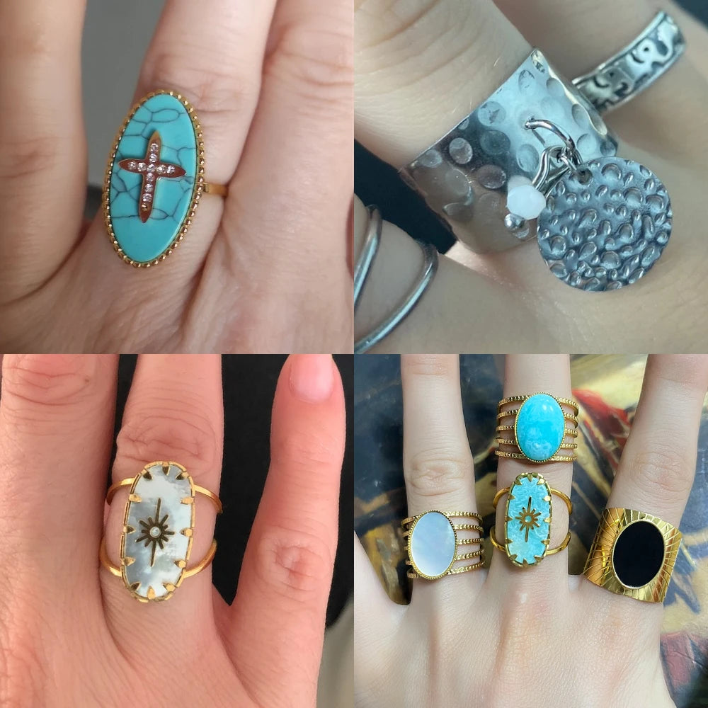 Stainless Steel Rings Open Rings For Women Rings Wide Ring Colorful Geometry Chain Female Rings Jewelry Party Gift Wholesale - She Vibess By C2P