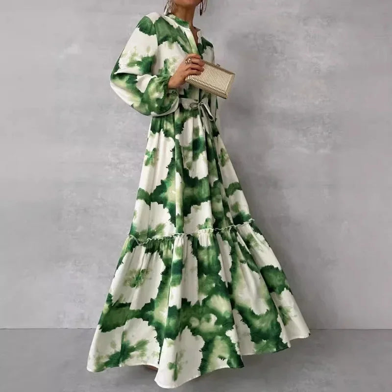 Boho Summer Tie-dye Print Pleated Long Dress Women V Neck High Waist Tie-up Party Dress Spring Long Sleeve Hem A-Line Maxi Dress - She Vibess By C2P