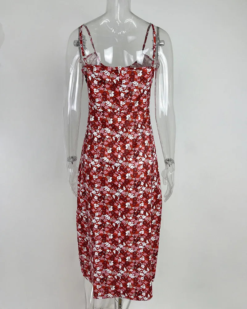 Flower Printed Spaghetti Strap Dresses For Women Sexy Low Cut Beach Party Slim Slit Dress Chic Bodycon Lady Sleeveless Vestidos - She Vibess By C2P