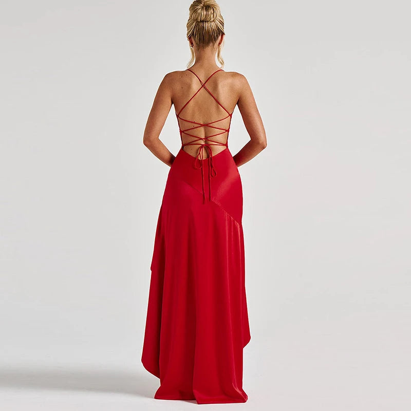 Sexy Slash Neck Slim Ruffle Banquet Dress Women Spring Backless Lace-up Long Irregular Dress Summer Sleeveless Hollow Maxi Dress - She Vibess By C2P