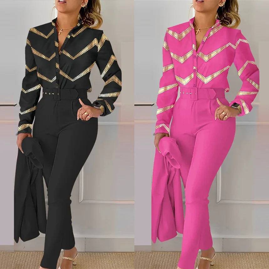 Autumn Winter Stand Neck Floral Print Long Sleeve Shirt Pants Two Piece Sets Elegant Women Casual Shirt Trousers Suits With Belt - She Vibess By C2P
