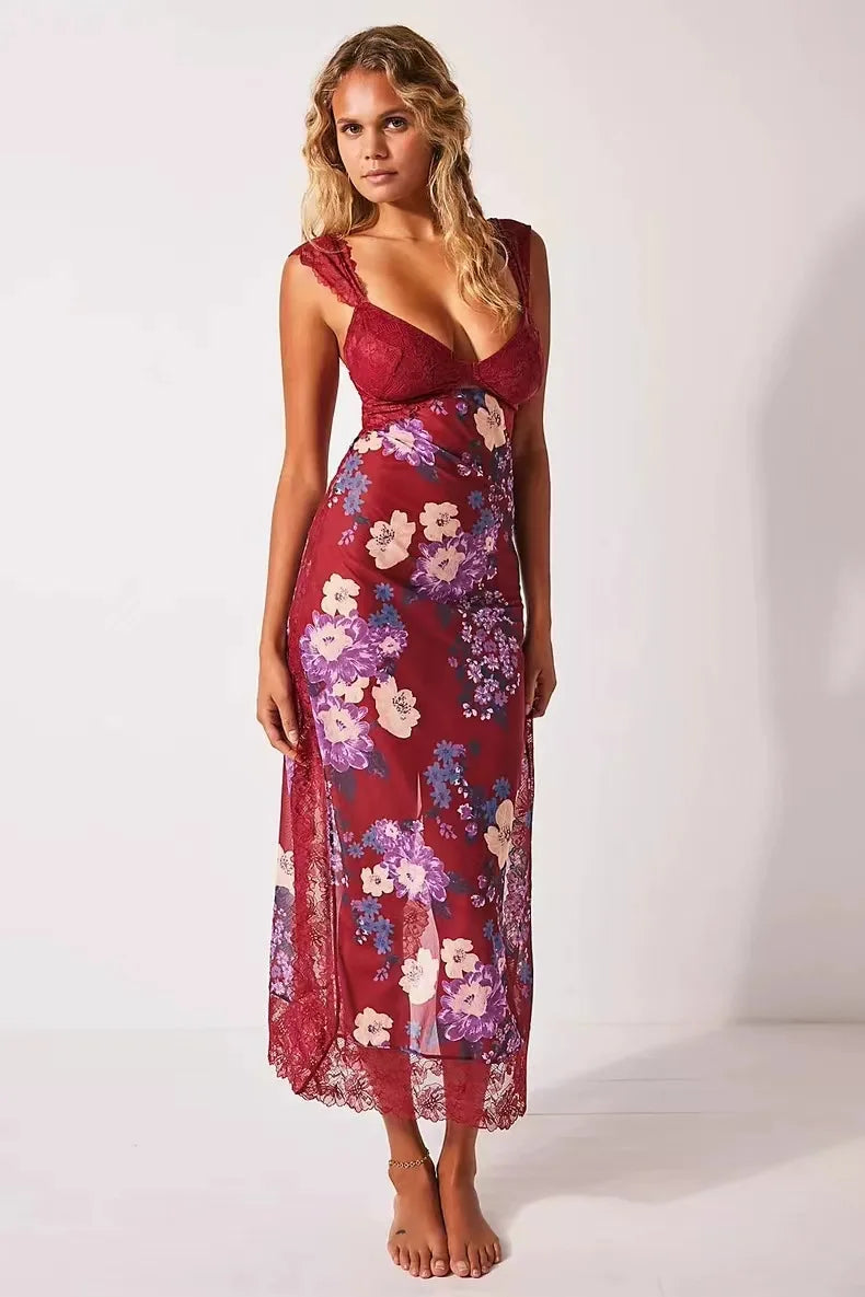 Summer New Lace Backless Shoulder Strap Splicing Slit Pattern Long Dress Women's Clothing - She Vibess By C2P