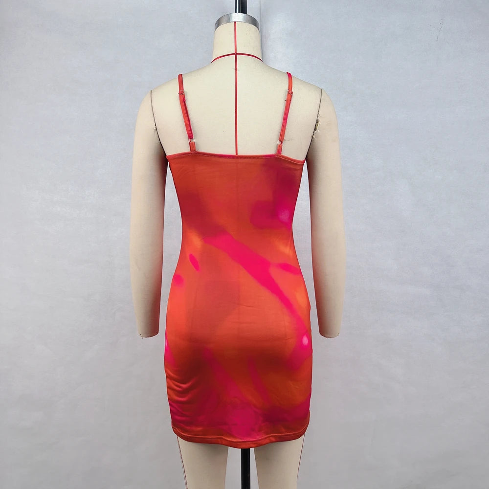 2024 Autumn And Winter New Fashionable And Sleeveless Low Cut Slim Fit Printed Suspender Dress