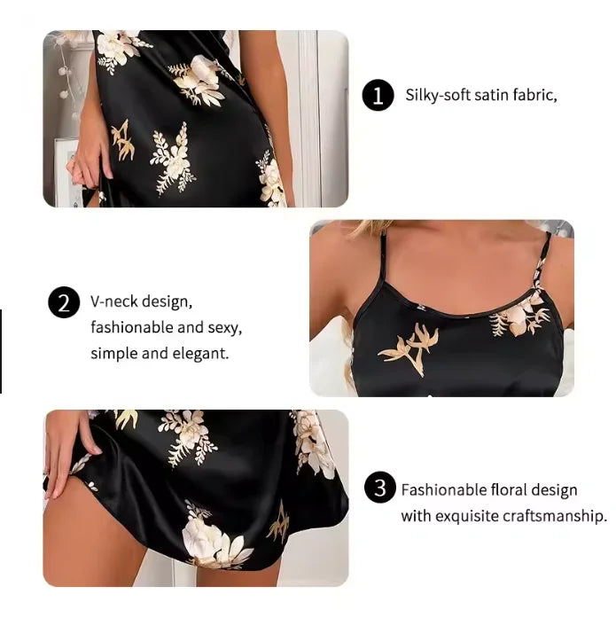 Women Nightwear Home Clothes Sexy Black Floral Printing Nightdress Sleepwear Nightshirts Silk Sleepshirts Nightgowns For Woman - She Vibess By C2P