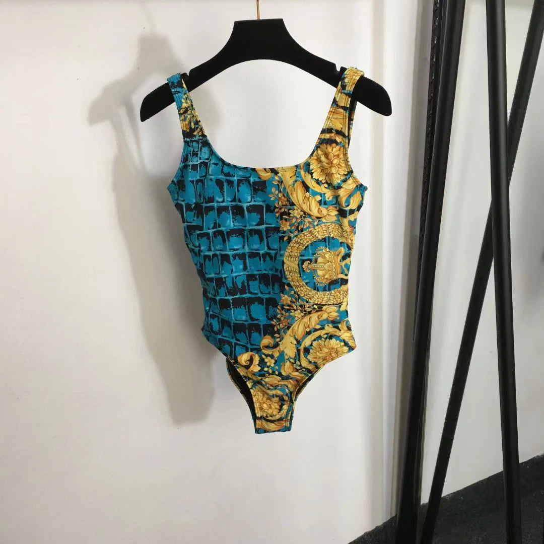 Fashion Design Bikini Sets Women's Gold Flower Pattern Swimsuits Designer Brand Women's Sexy Swimwear Backless Beach Swimsuits - She Vibess By C2P