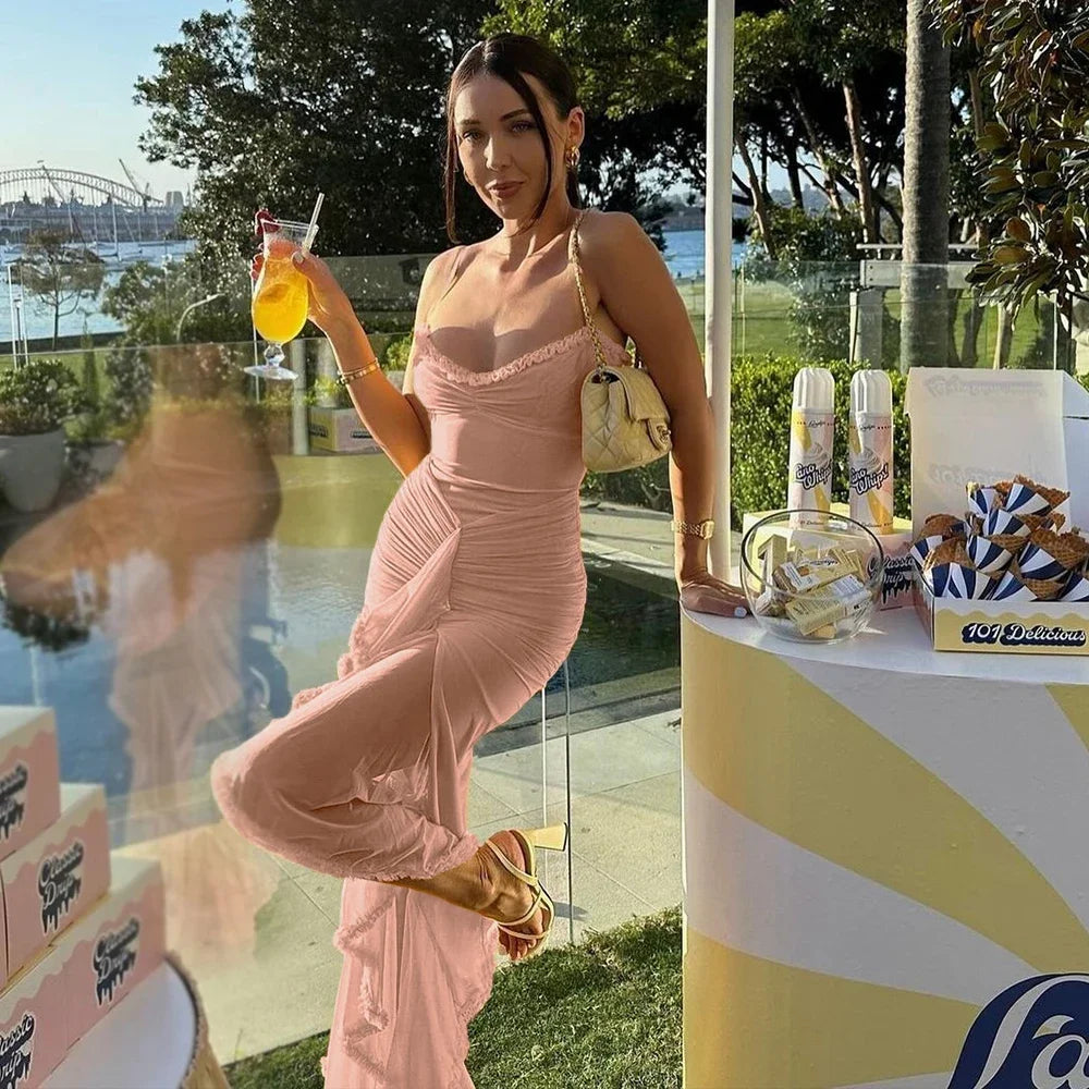 Suninheart Irregular Mesh Party Dresses 2024 New Arrivals Spaghetti Strap Bodycon Dress Fashion Ruched Long Dress Women - She Vibess By C2P