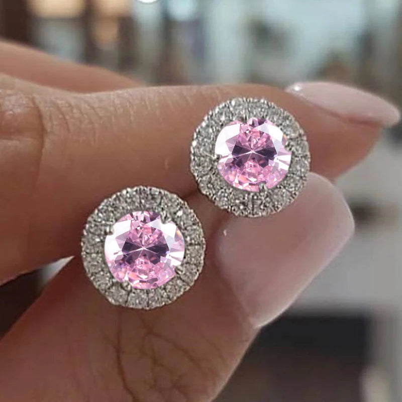 Luxury Female Crystal Purple Blue Green Round Stud Earrings Silver Color Wedding Jewelry For Women - She Vibess By C2P