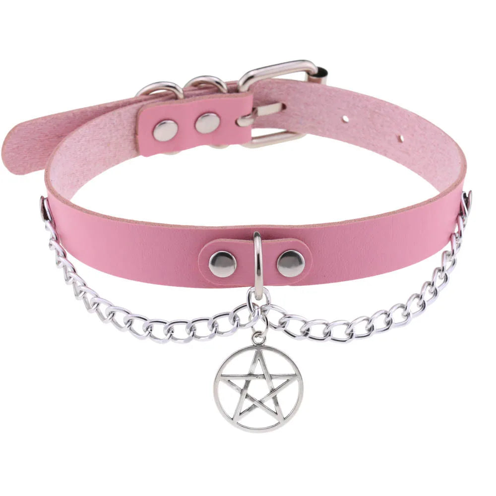 DIEZI Harajuku Pink PU Leather Star Heart Flower Choker Necklace Torques For Women Men Gothic Pink PU Leather -I’m Over 21 - She Vibess By C2P
