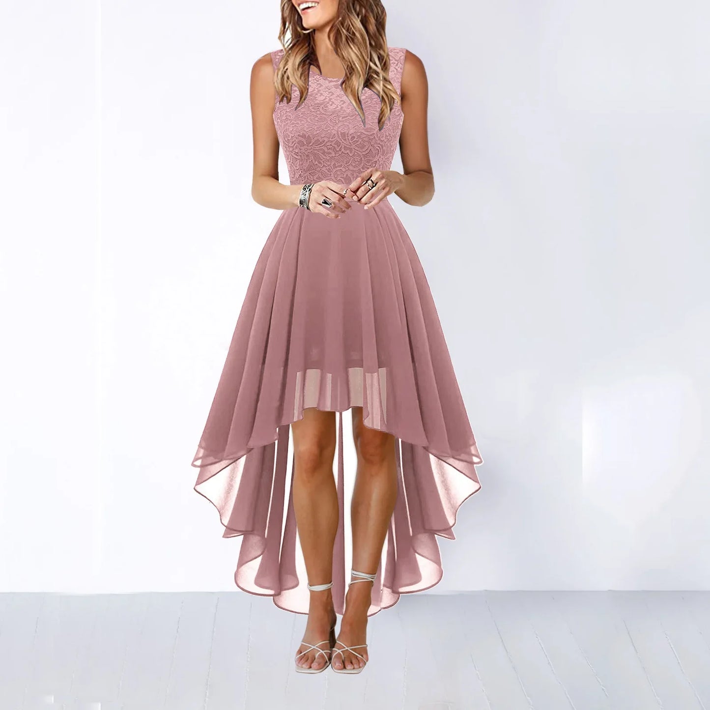 Spring Summer 2025 Hollow out Waist Cinched Lace Evening Dress Midi Skirt Sleeveless round Neck Polyester Fabric Empire Waist - She Vibess By C2P