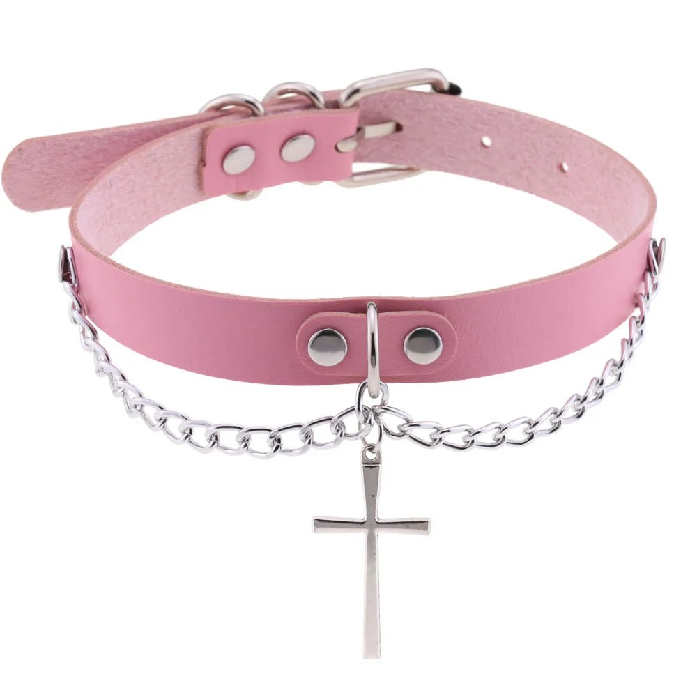 DIEZI Harajuku Pink PU Leather Star Heart Flower Choker Necklace Torques For Women Men Gothic Pink PU Leather -I’m Over 21 - She Vibess By C2P