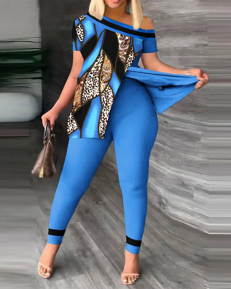 Elegant Women Two Piece Set Suits New Fashion Printed Ruffle Sleeve Top Solid Color Pants Set With Belt Blouses Female Clothing - She Vibess By C2P