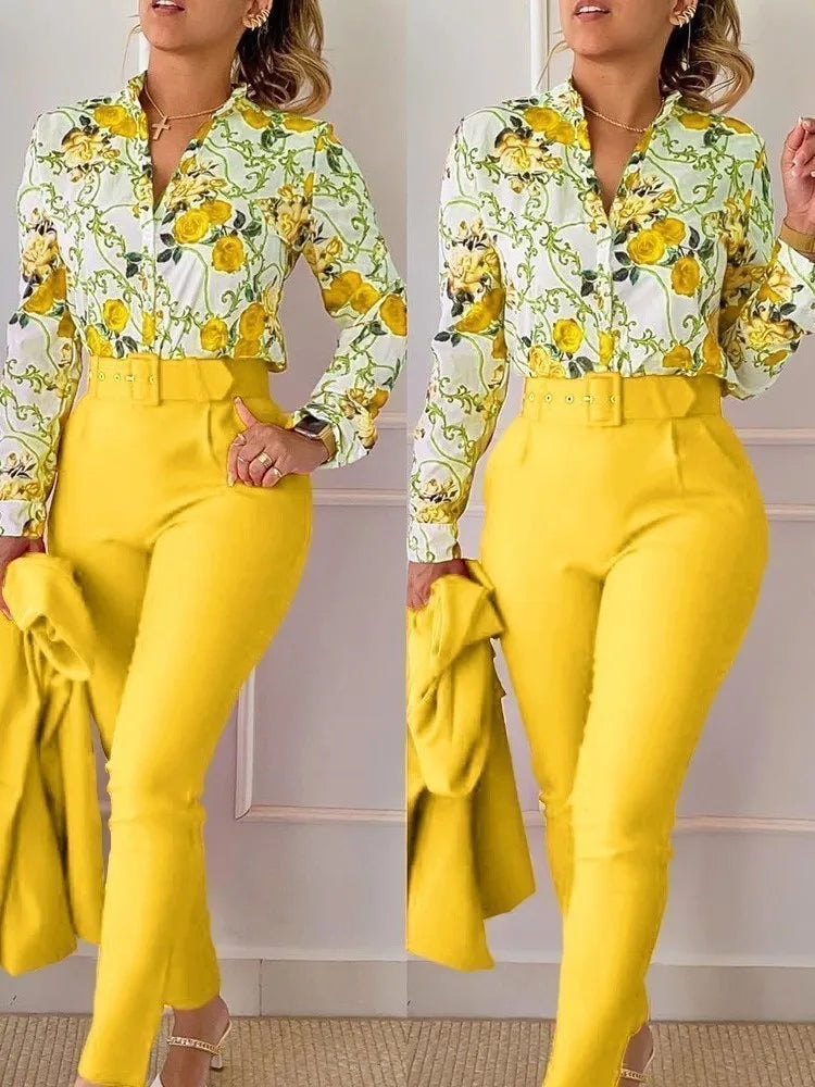 Autumn Winter Stand Neck Floral Print Long Sleeve Shirt Pants Two Piece Sets Elegant Women Casual Shirt Trousers Suits With Belt - She Vibess By C2P