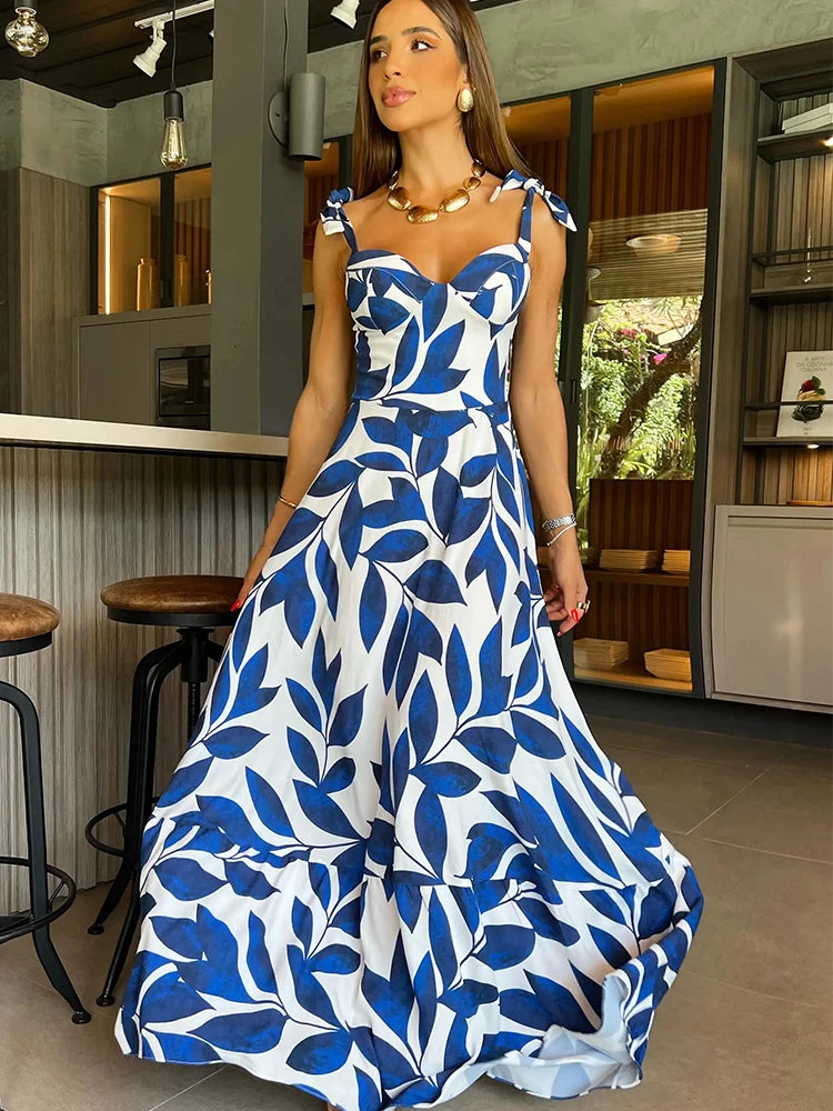 Summer Print Long Dress Women Clothing Lace Up Sling Party Dresses Pattern Strappy Ladies Hollow Out V-Neck Beach Vestidos - She Vibess By C2P