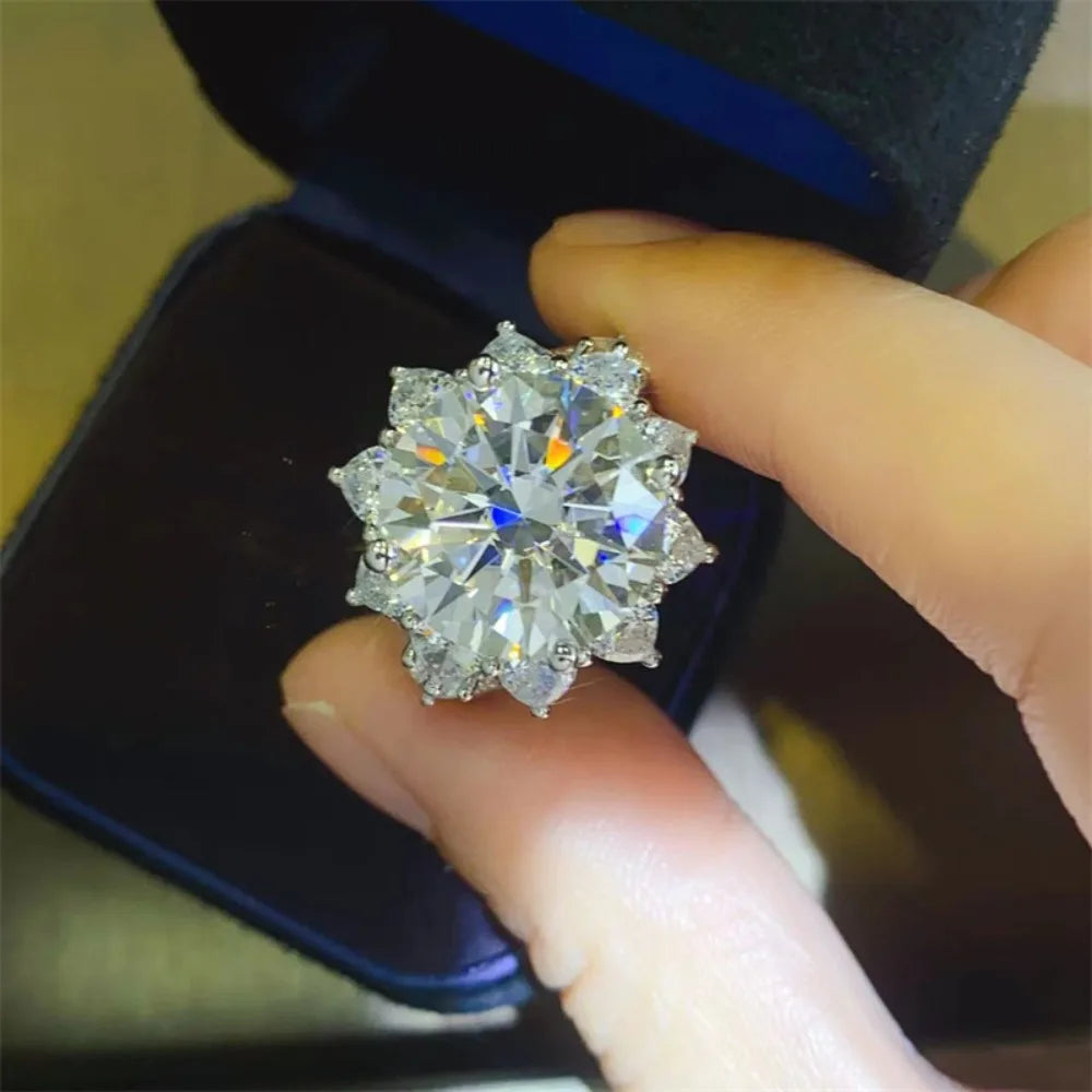 FEOBUR 10CT Moissanite Ring with Certificate for Women 100% 925 Sterling Silver Sunflower Diamond Rings Engagement Jewelry Wedding Band - She Vibess By C2P