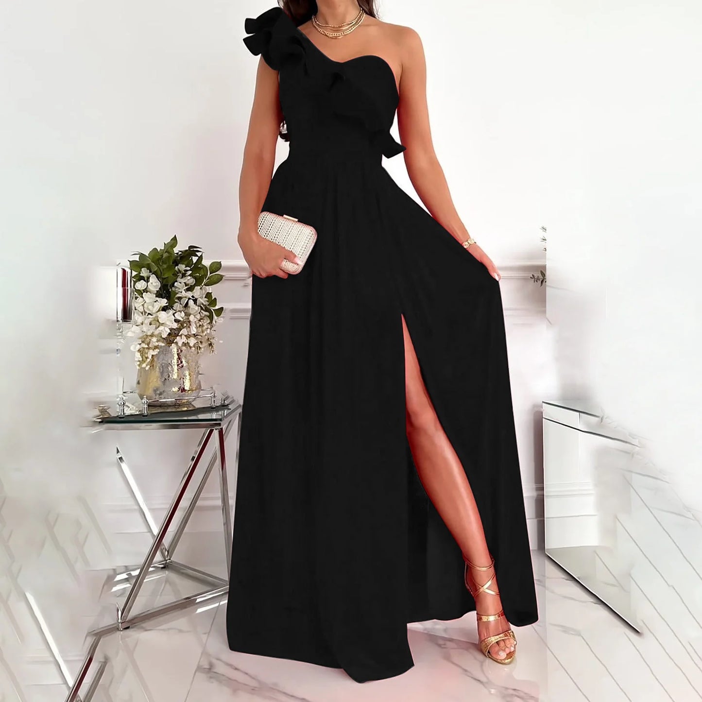 EDHITNR Formal Dresses for Women plus Size Women'S Summer Dresses Clearance, Sleeveless Sloping Shoulder Sexy Long Party Club Dresses, Sizes S-2XL