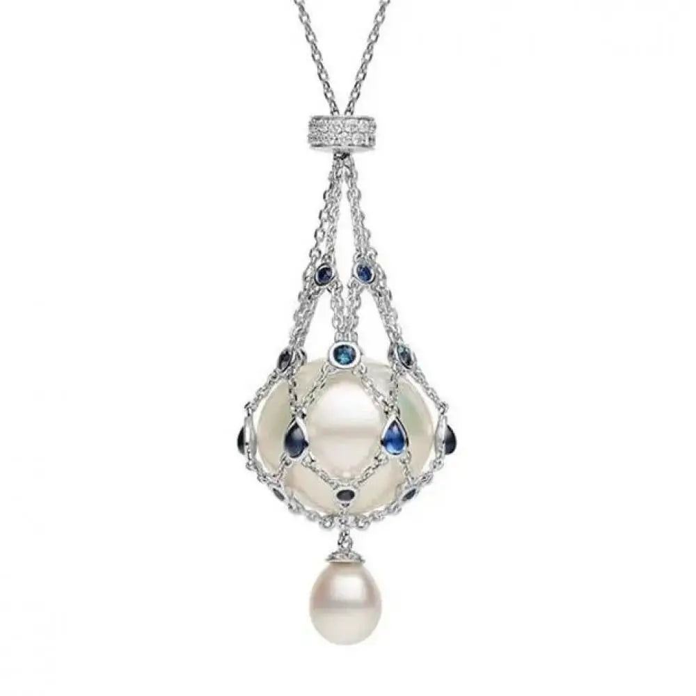 Women Exquisite Pearl Gemstone Lavalier Pendant Elegant Pearl Pendant Necklaces Natural Pearl Metal Braided Mesh Necklace