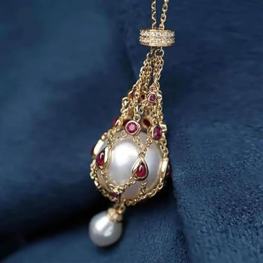 Women Exquisite Pearl Gemstone Lavalier Pendant Elegant Pearl Pendant Necklaces Natural Pearl Metal Braided Mesh Necklace