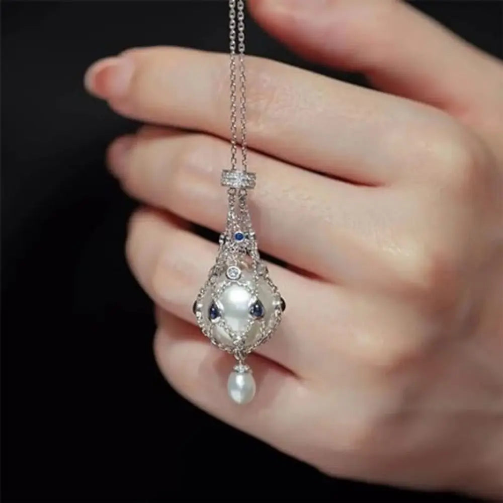 Women Exquisite Pearl Gemstone Lavalier Pendant Elegant Pearl Pendant Necklaces Natural Pearl Metal Braided Mesh Necklace