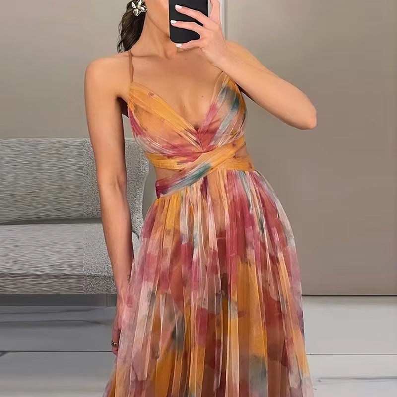 Elegant Pleated Mesh Evening Dress – Off Shoulder, Backless, High Waist Long Vacation Dress for Women