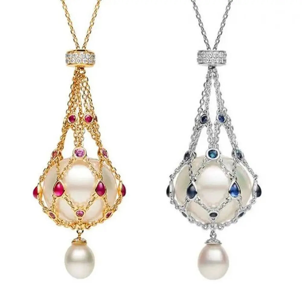 Women Exquisite Pearl Gemstone Lavalier Pendant Elegant Pearl Pendant Necklaces Natural Pearl Metal Braided Mesh Necklace