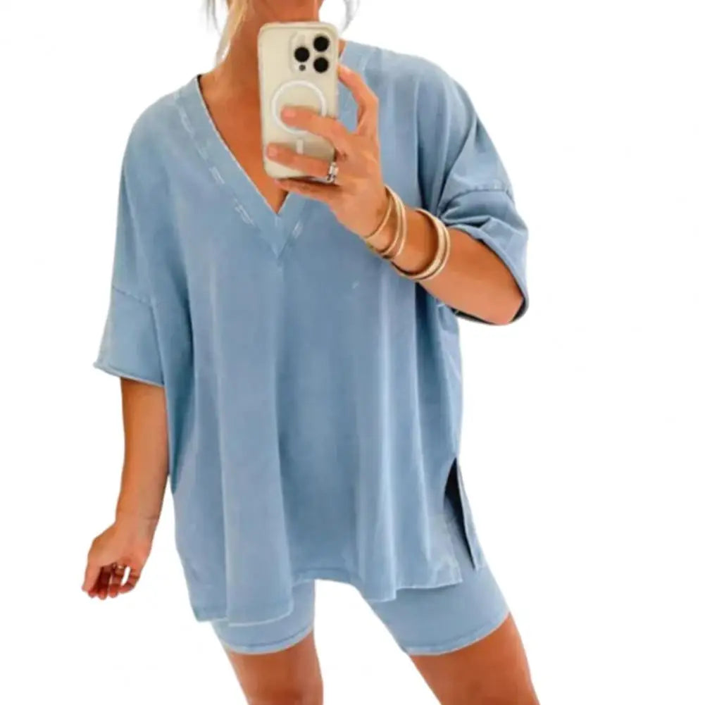 2 Pcs/Set Women Summer Sportswear Set Side Split Short Sleeves T-Shirt Elastic Waist Mini Pants Set Tracksuit Sport Clothes
