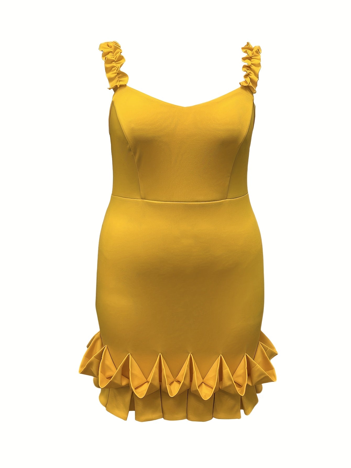 Plus Size, Women's Elegant Party dress - Sleeveless V-Neck Formal gown, Bright Mustard-Yellow, Machine Washable Evening & Cocktail dress for Women, Dresses for Party, Night Out Outfit, Ruffled Hem, Comfortable Fit, Fashion Lo - She Vibess By C2P