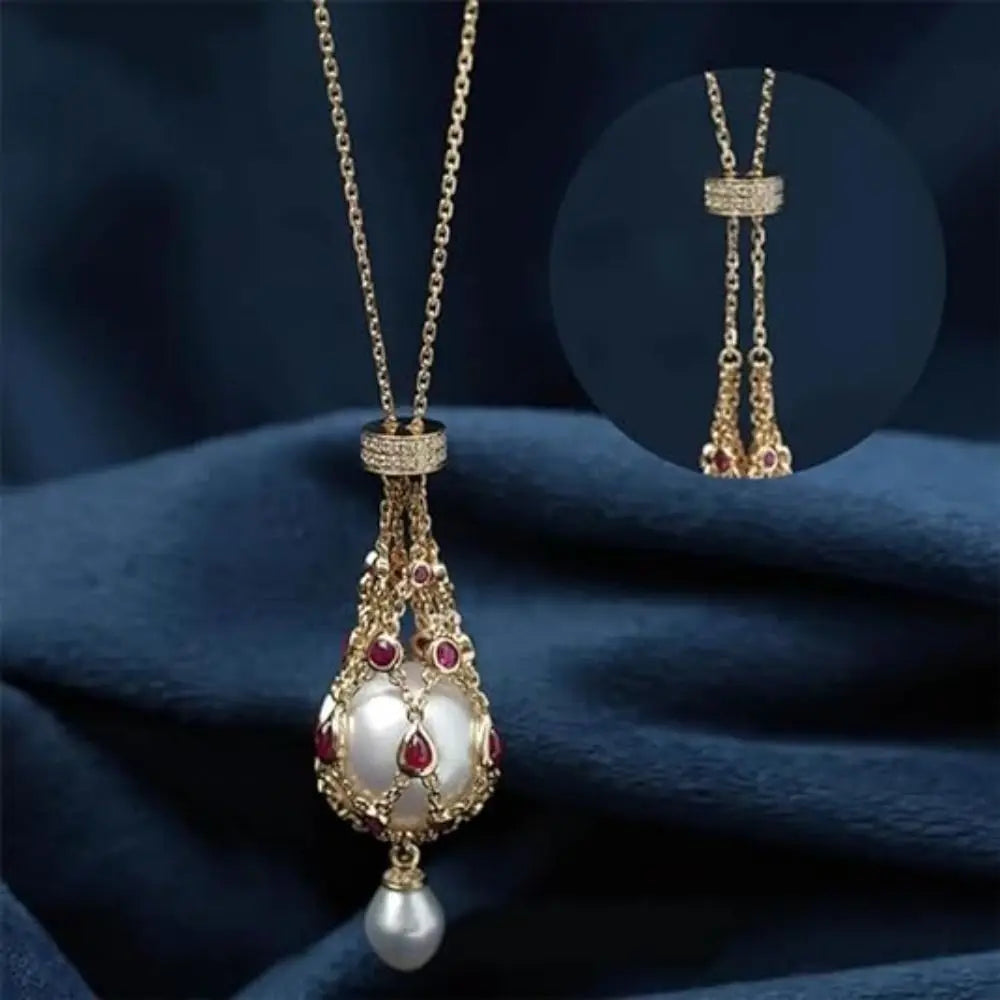 Women Exquisite Pearl Gemstone Lavalier Pendant Elegant Pearl Pendant Necklaces Natural Pearl Metal Braided Mesh Necklace