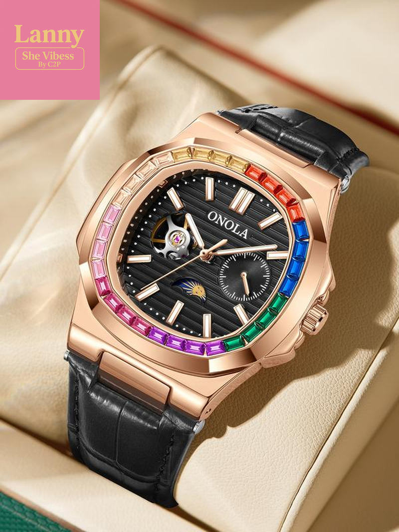 Onola Men'S Fashion Business Mechanical Watch, Hollow Out Tourbillon Design, Automatic Wind-Up, 3Atm Water Resistant, Perfect Christmas Gift