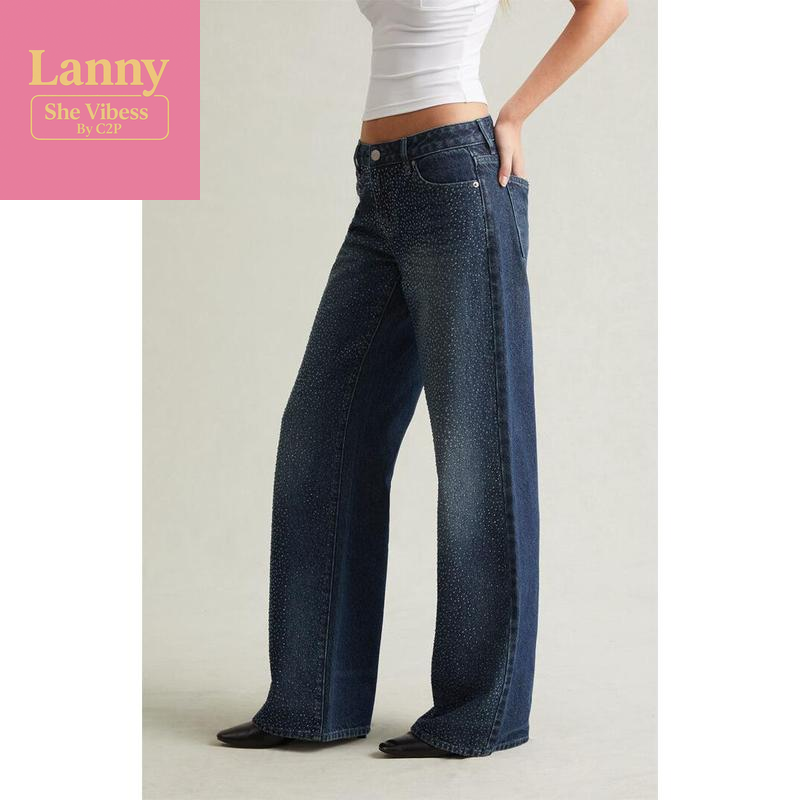Pacsun Women'S Casey Low Rise Baggy Jeans Rhinestone Medium Blue