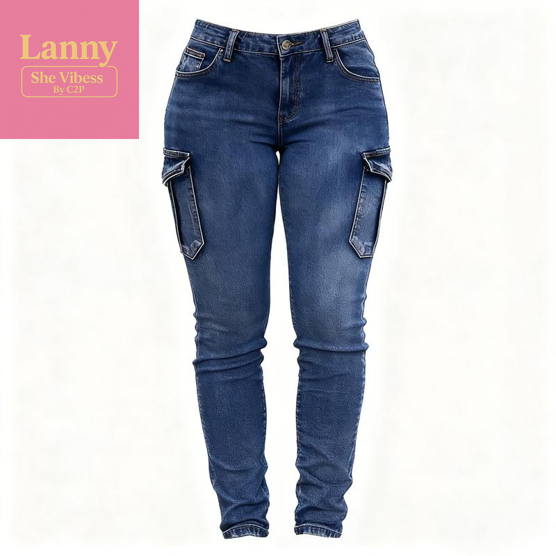 European & American Women'S Ins Trend Low-Rise High-Stretch Jeans with Pleated Side Pockets Cargo Slim-Fit Denim Elastic Fabric for Comfort & Shaping Perfect for Daily Wear