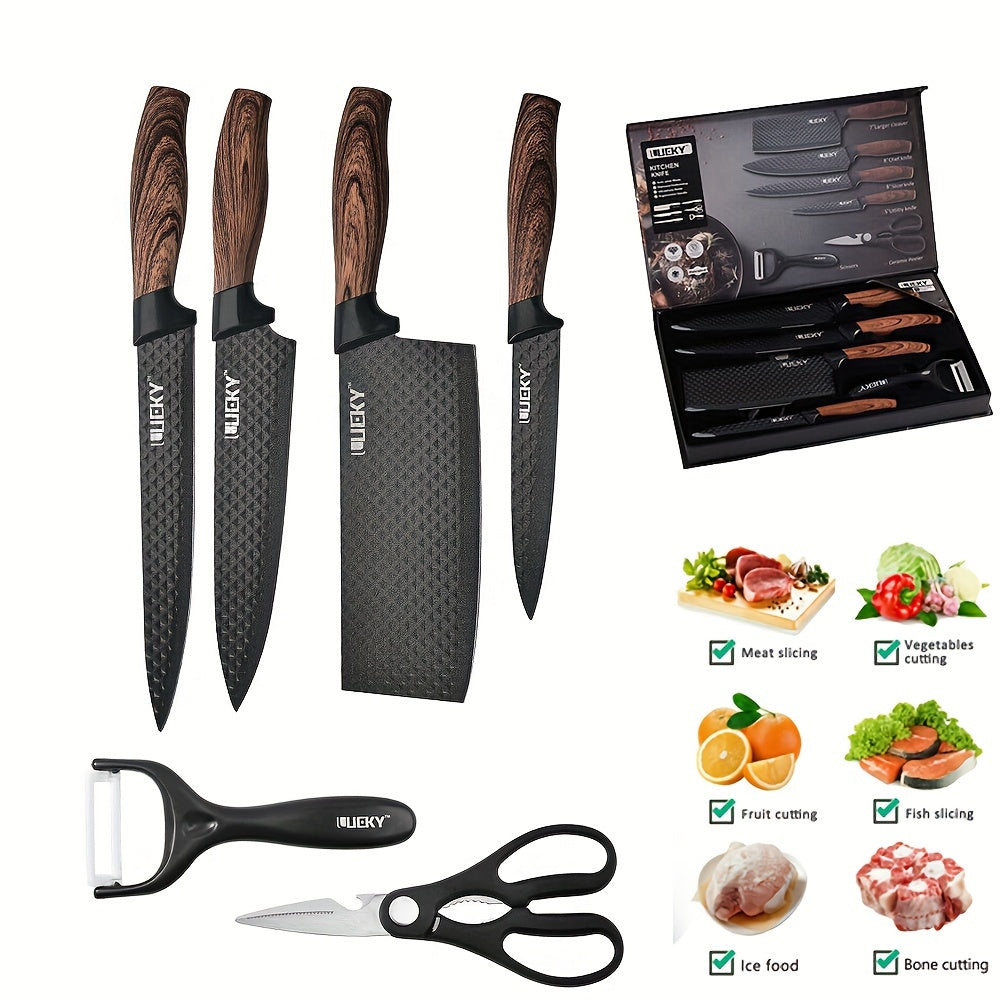 Professional 6 Kitchen Knife Set, Chef's Knife, Slicing Knife, Scraper And Scissors, High Carbon Stainless Steel Super Sharp, With Anti-stick Ergonomic Wooden Handle, Chef's Knife Set, Suitable For Family Travel, Gift Box Set