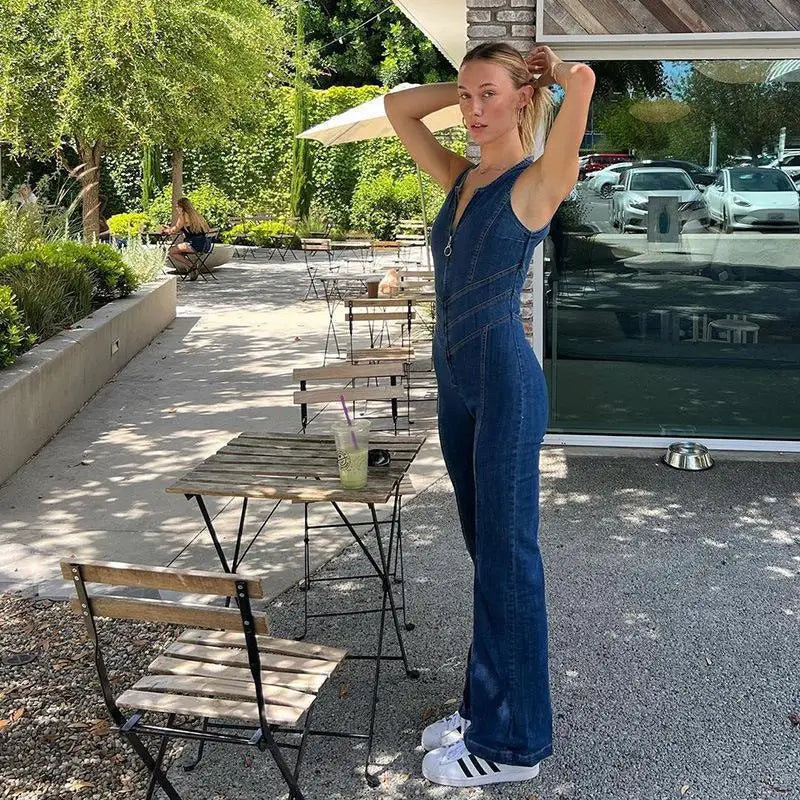 Women Backless Heart Bodycon Denim Jumpsuits Lady Sexy Sleeveless Slim One-Piece Outfits Female Retro Wide Leg Flare Rompers