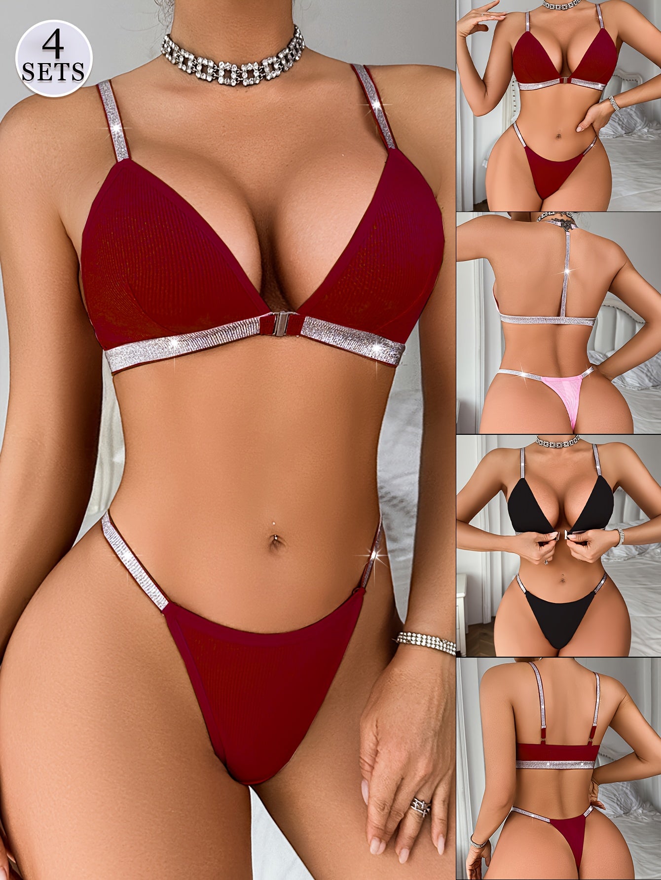 4 Sets Of Women's Sexy Bra Set, Gathered Breathable Front Buckle Bra & Low Waist Thong, Shiny Silvery Ribbon, Love Button, Solid Color Comfortable And Soft Fabrics, Romantic Party Fashion Wearing