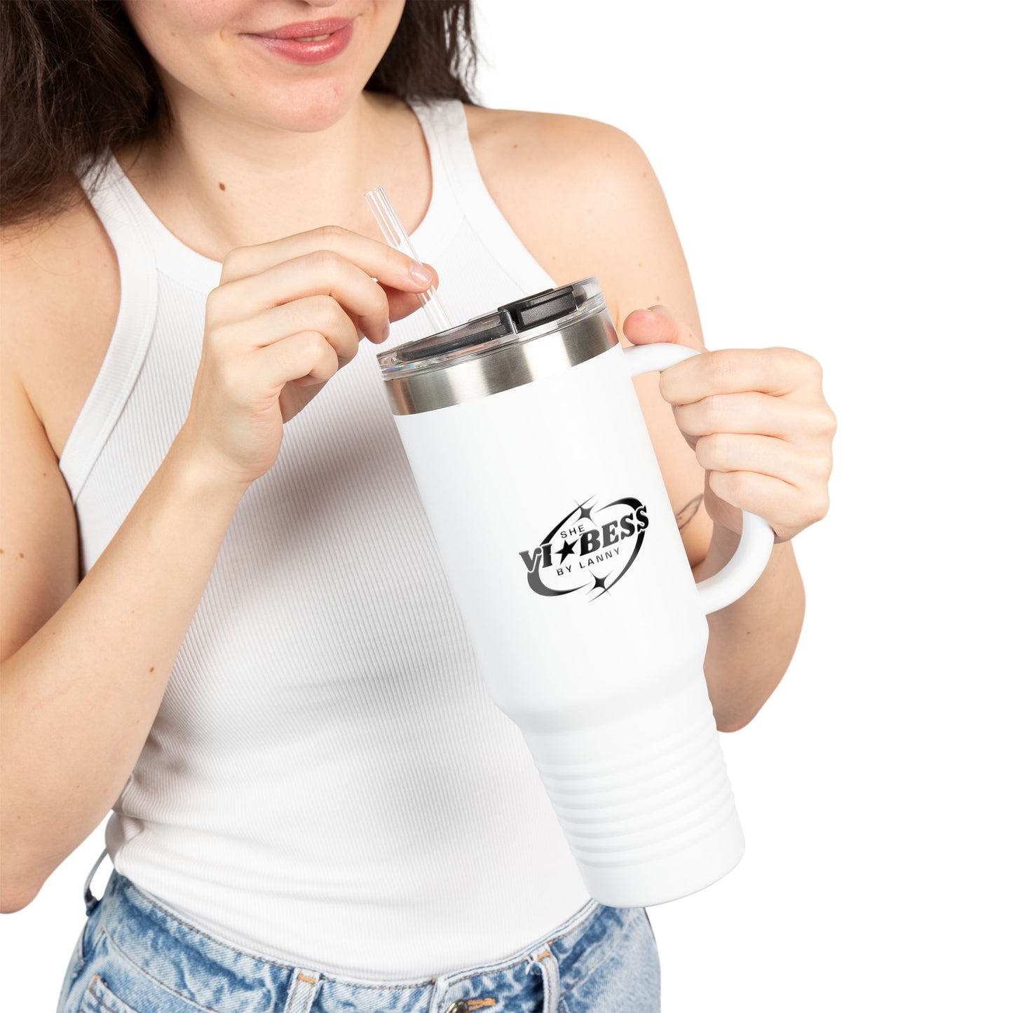 Mug Perjalanan Berinsulasi 40oz —She Vibess By Lanny Logo Tumbler Stainless Steel dengan Sedotan &amp; Pegangan