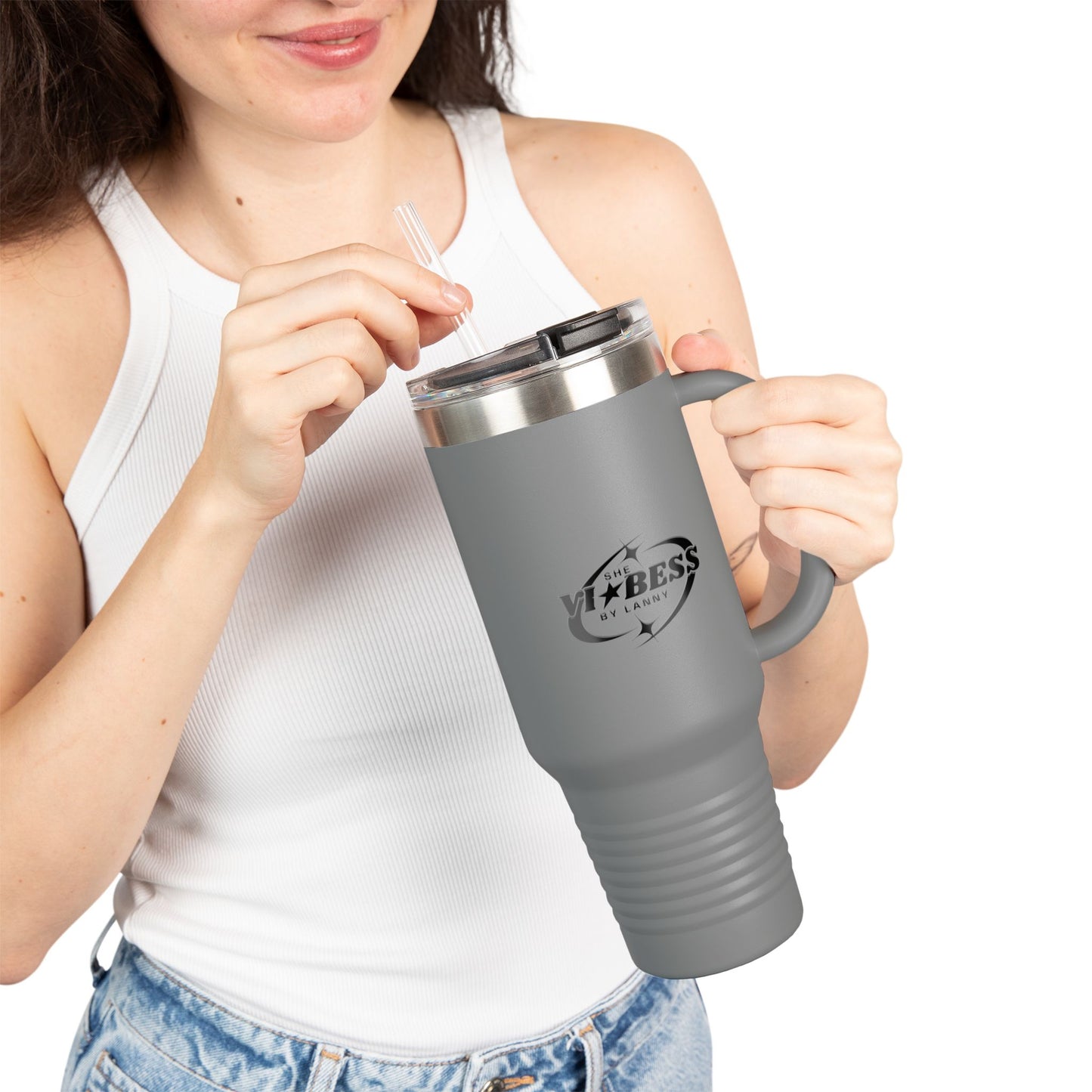 Mug Perjalanan Berinsulasi 40oz —She Vibess By Lanny Logo Tumbler Stainless Steel dengan Sedotan &amp; Pegangan
