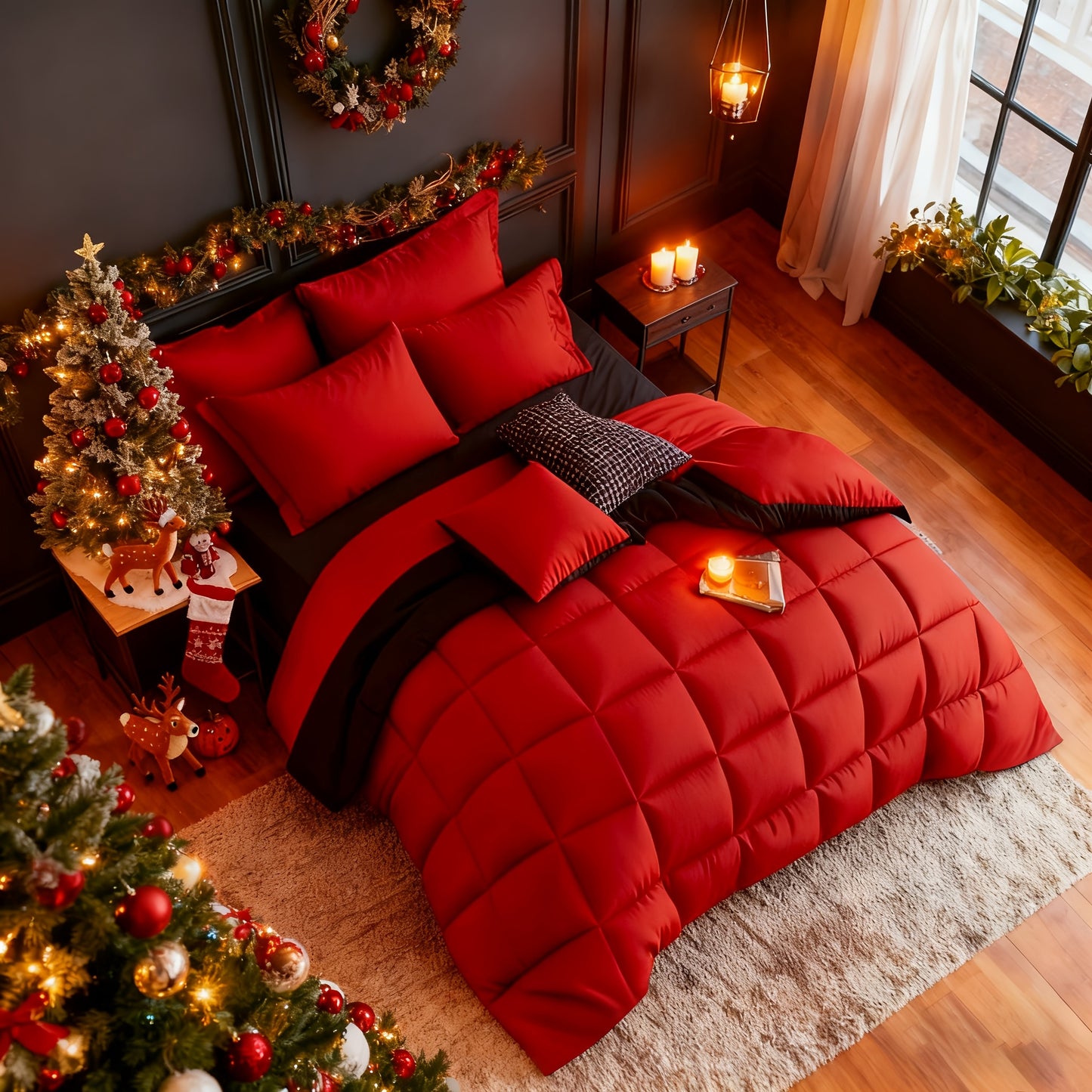 Set Selimut 3pcs Merah/Hitam Ukuran Queen - Set Selimut Nyaman untuk Semua Musim, Termasuk 1 Selimut, 1 atau 2 Sarung Bantal, Selimut Jahitan Kotak Berkualitas Hotel, Dapat Dicuci dengan Mesin, Hadiah Natal yang Cocok untuk Teman dan Keluarga