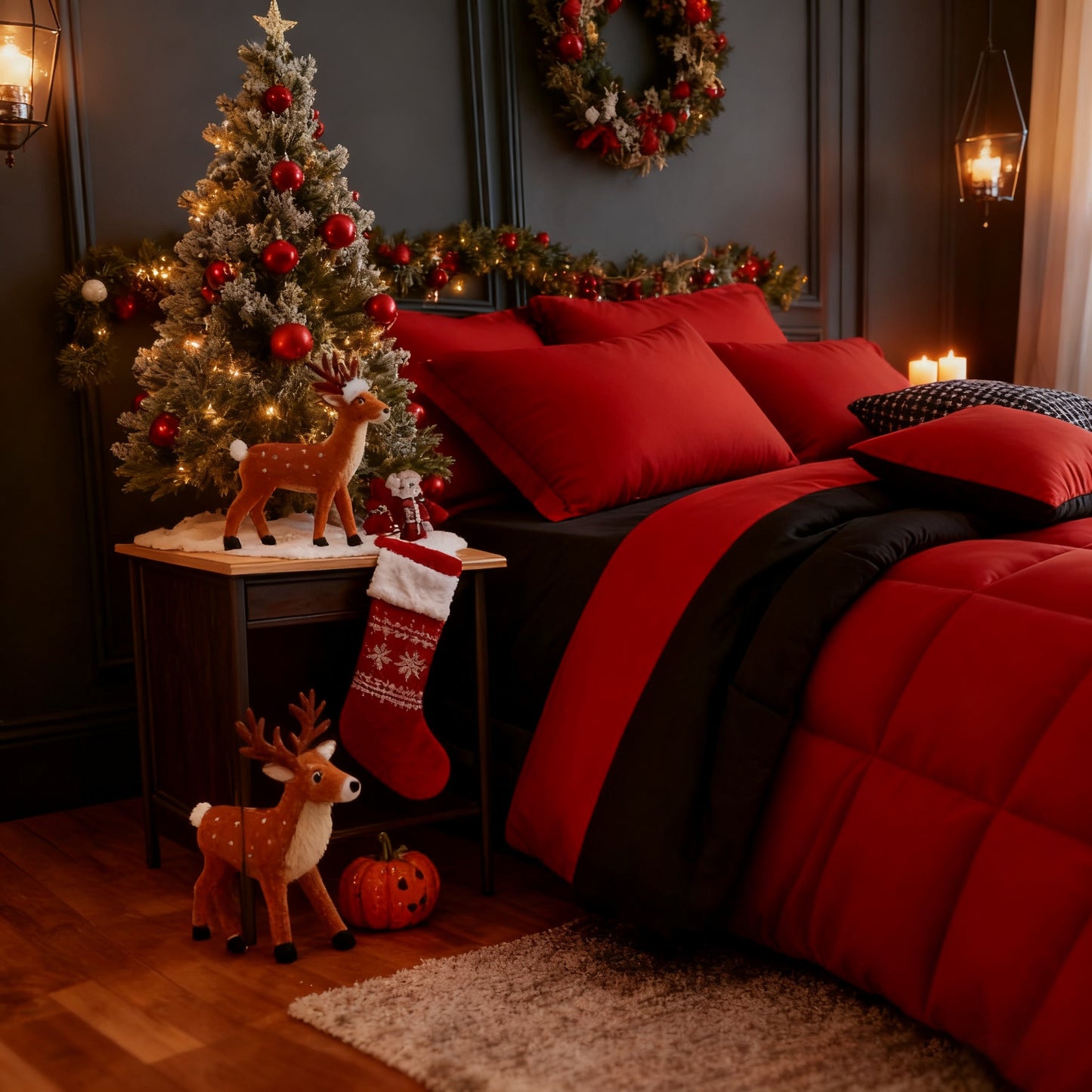 Set Selimut 3pcs Merah/Hitam Ukuran Queen - Set Selimut Nyaman untuk Semua Musim, Termasuk 1 Selimut, 1 atau 2 Sarung Bantal, Selimut Jahitan Kotak Berkualitas Hotel, Dapat Dicuci dengan Mesin, Hadiah Natal yang Cocok untuk Teman dan Keluarga