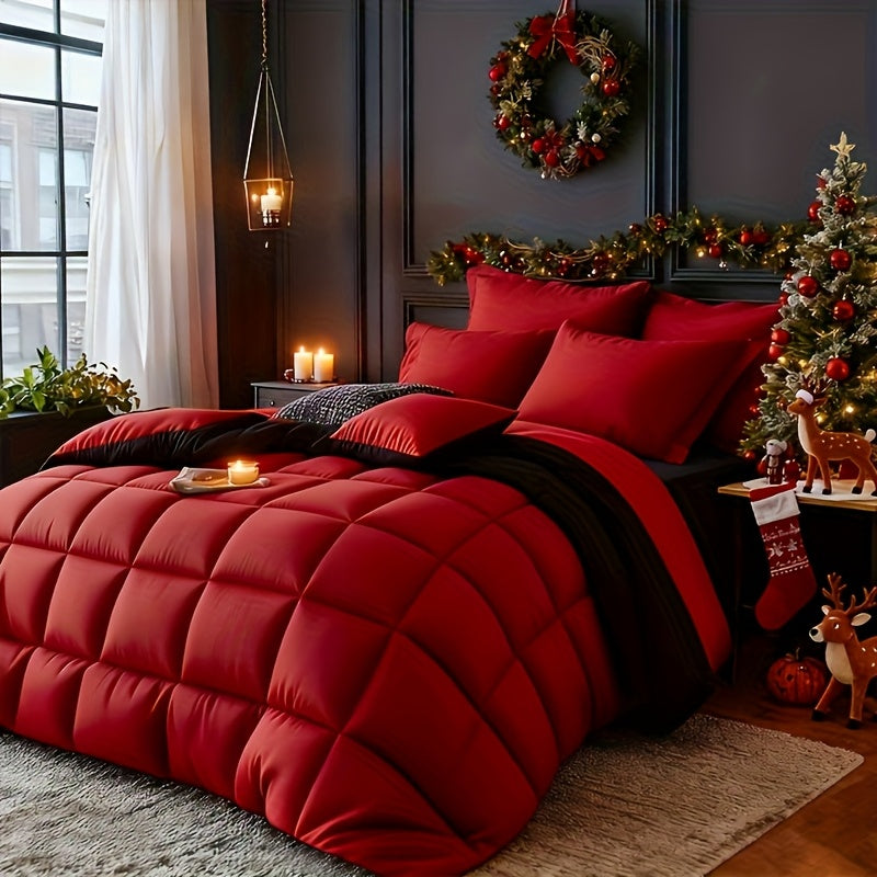 Set Selimut 3pcs Merah/Hitam Ukuran Queen - Set Selimut Nyaman untuk Semua Musim, Termasuk 1 Selimut, 1 atau 2 Sarung Bantal, Selimut Jahitan Kotak Berkualitas Hotel, Dapat Dicuci dengan Mesin, Hadiah Natal yang Cocok untuk Teman dan Keluarga