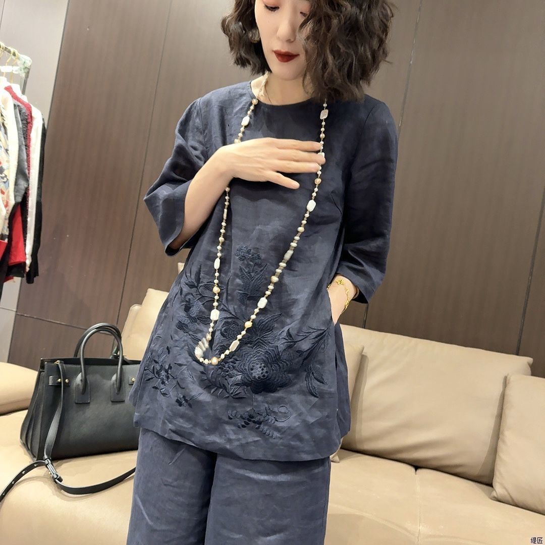 Womens Two-Piece Set New Chinese-Style 34-Sleeve Top With Wide-Leg Pants