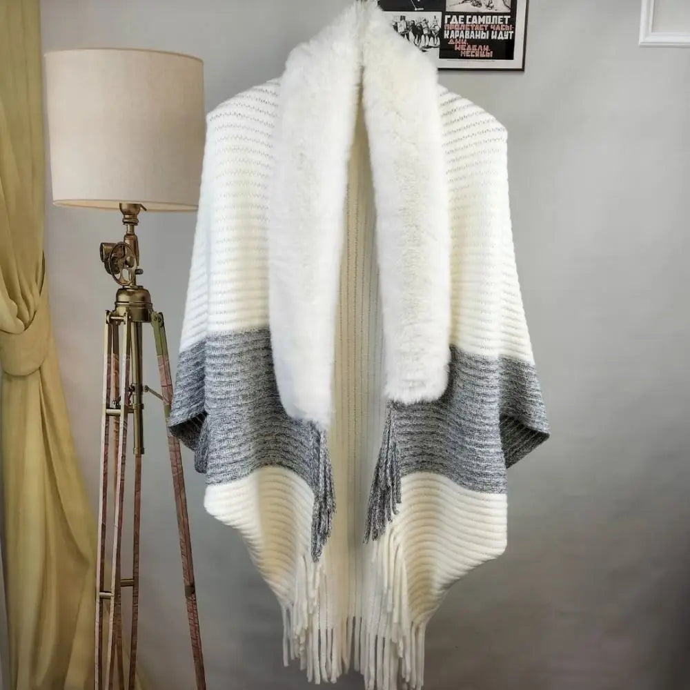 Fashion Cardigan Cape Cloak Faux Fur Collar Plush Wraps Knitting Shawl Winter Warm
