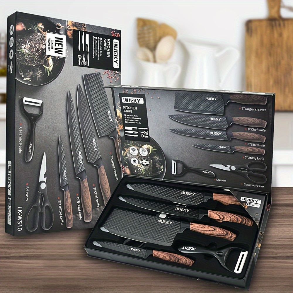 Professional 6 Kitchen Knife Set, Chef's Knife, Slicing Knife, Scraper And Scissors, High Carbon Stainless Steel Super Sharp, With Anti-stick Ergonomic Wooden Handle, Chef's Knife Set, Suitable For Family Travel, Gift Box Set