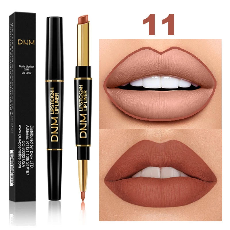 DNM 12 Colors Matte Lipstick Lip Liner 2 in 1 Lasting Makeup Double Head Lipliner Lip Stain Durable Waterproof Lip Cosmetic Tool