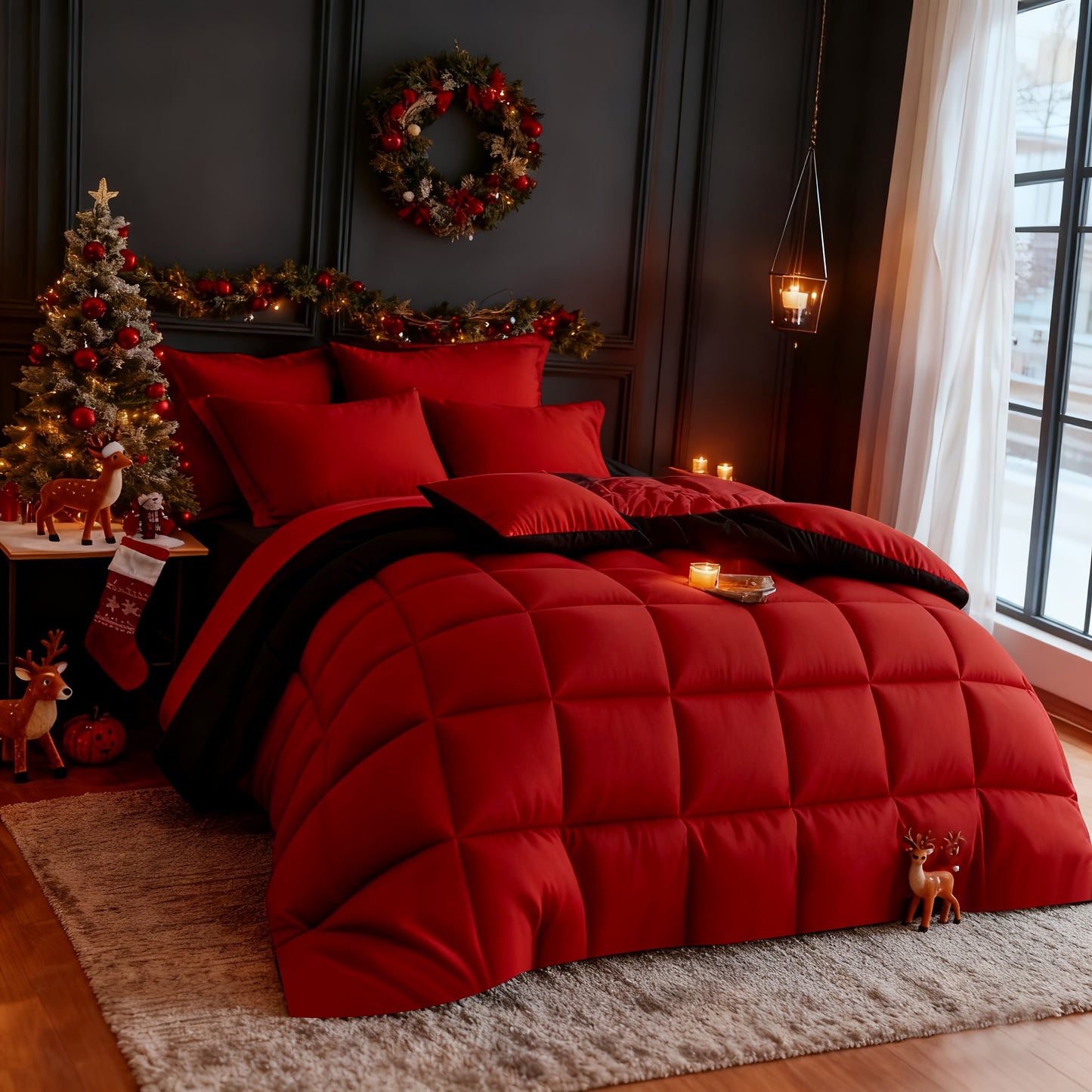 Set Selimut 3pcs Merah/Hitam Ukuran Queen - Set Selimut Nyaman untuk Semua Musim, Termasuk 1 Selimut, 1 atau 2 Sarung Bantal, Selimut Jahitan Kotak Berkualitas Hotel, Dapat Dicuci dengan Mesin, Hadiah Natal yang Cocok untuk Teman dan Keluarga