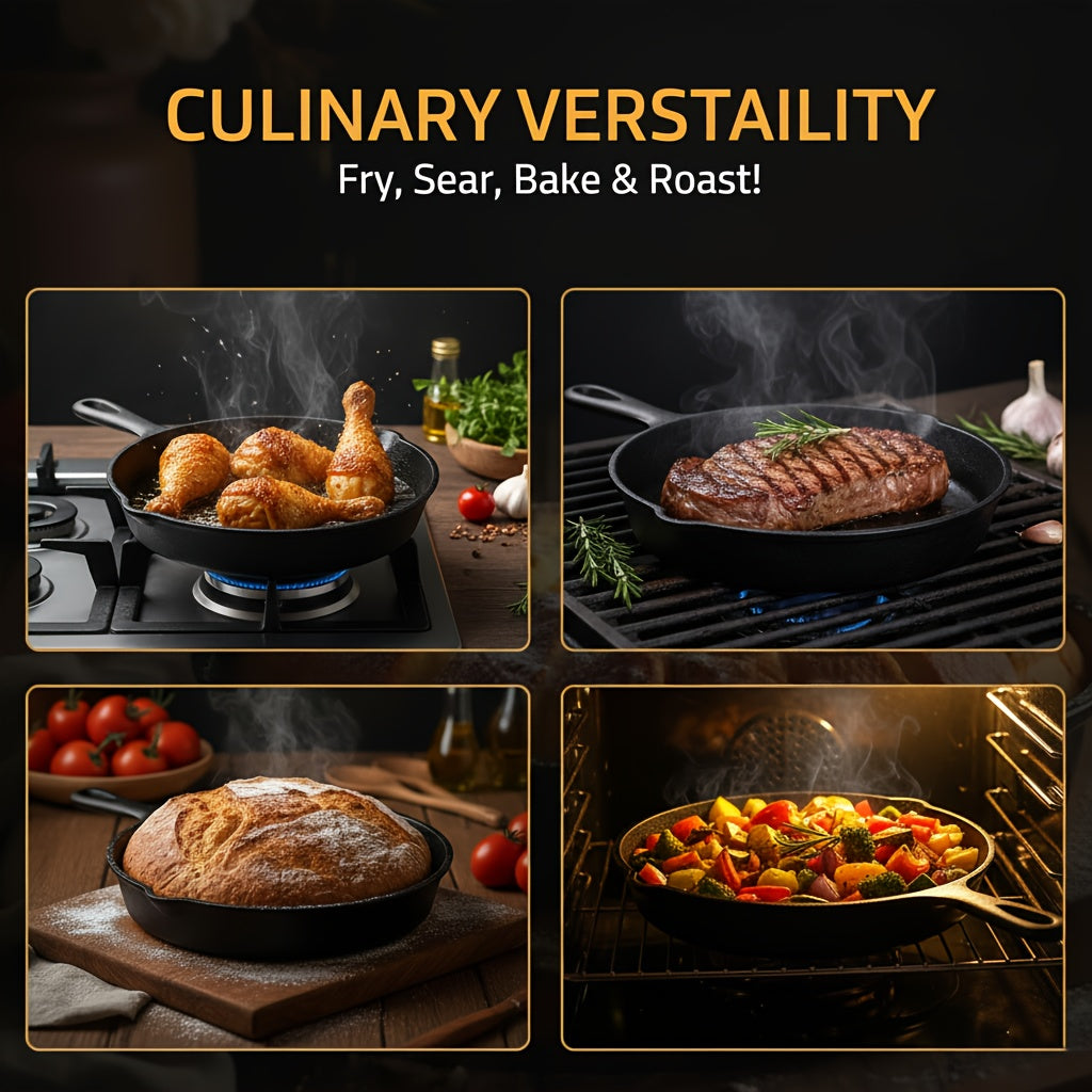 3pcs Cast Iron Skillet Set (6/8/10 Inch) | Heirloom-Grade Sand Casting, Natural Seasoning & Non-Stick Surface | Oven, Grill & Campfire Safe Cookware Suitable for Steak, Cornbread, Cast Iron - Heavy-Duty Skillet Collection