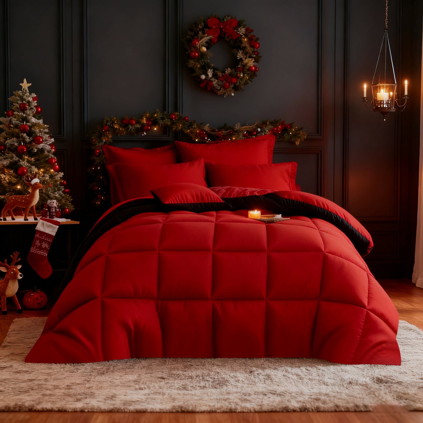 Set Selimut 3pcs Merah/Hitam Ukuran Queen - Set Selimut Nyaman untuk Semua Musim, Termasuk 1 Selimut, 1 atau 2 Sarung Bantal, Selimut Jahitan Kotak Berkualitas Hotel, Dapat Dicuci dengan Mesin, Hadiah Natal yang Cocok untuk Teman dan Keluarga