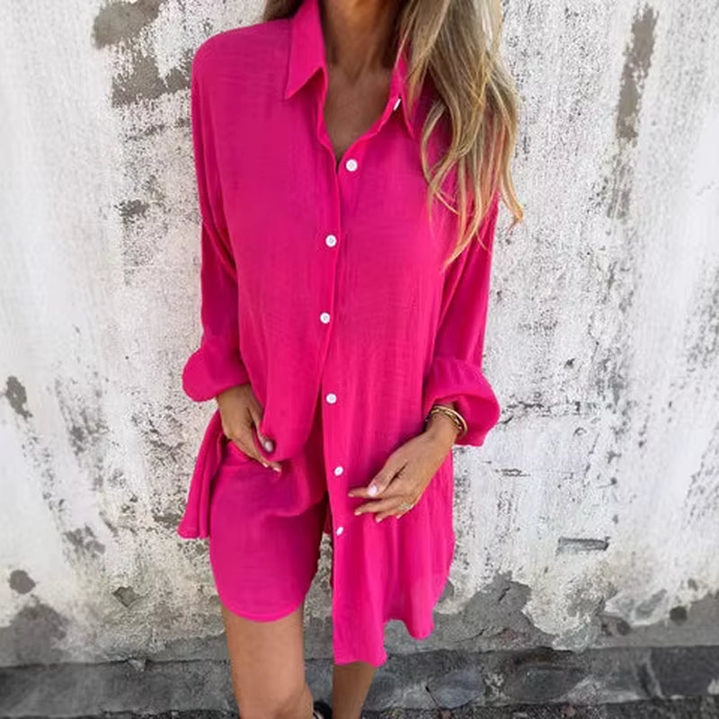 New Casual Solid Color Cotton Linen Set for Women'S 2025 Spring Summer Shorts Long-Sleeved Wrinkled Shirt Two-Piece Loose Suit