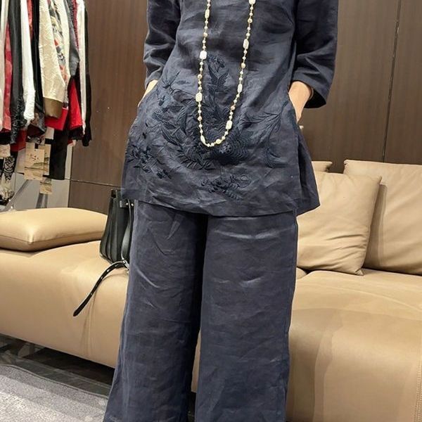 Womens Two-Piece Set New Chinese-Style 34-Sleeve Top With Wide-Leg Pants