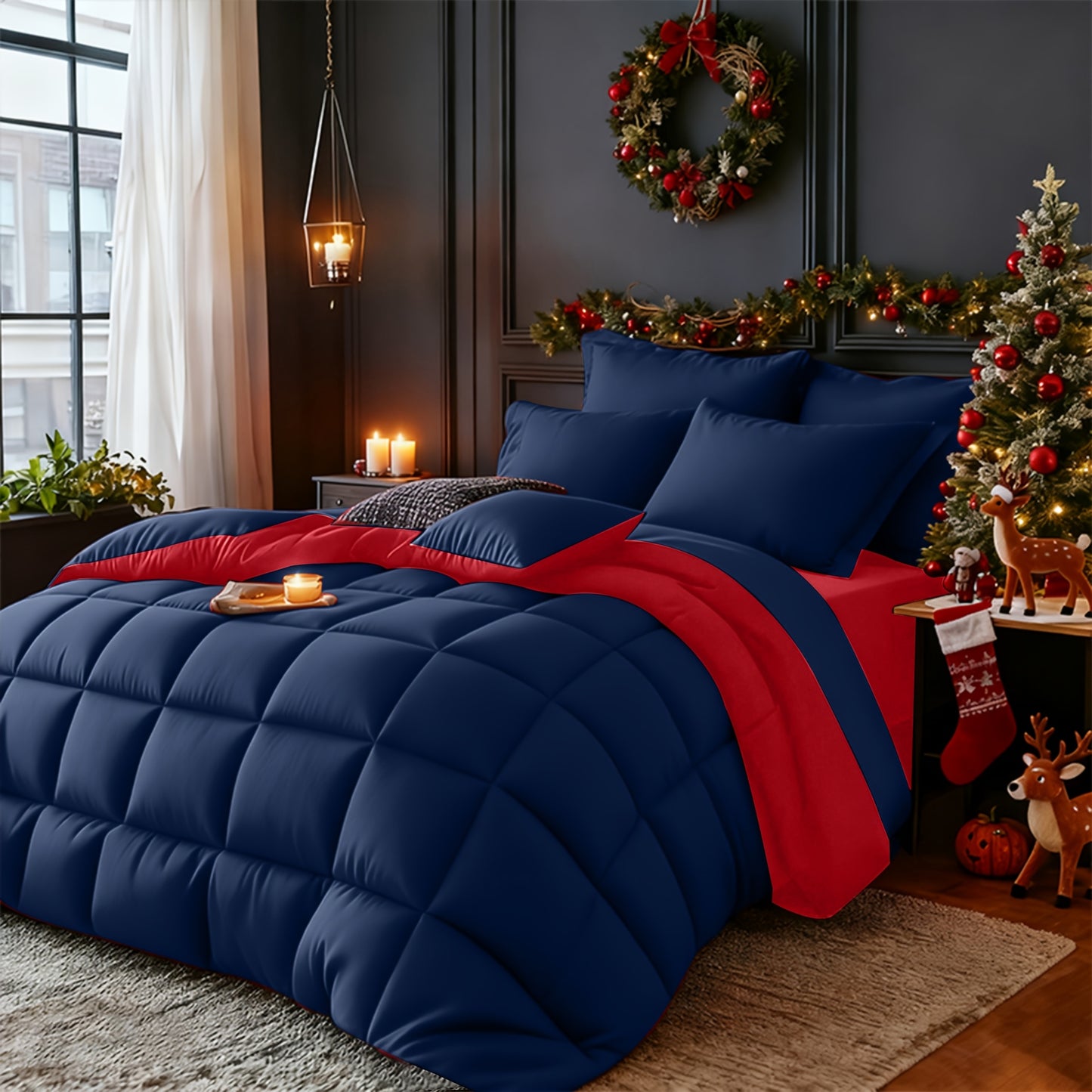 Set Selimut 3pcs Merah/Hitam Ukuran Queen - Set Selimut Nyaman untuk Semua Musim, Termasuk 1 Selimut, 1 atau 2 Sarung Bantal, Selimut Jahitan Kotak Berkualitas Hotel, Dapat Dicuci dengan Mesin, Hadiah Natal yang Cocok untuk Teman dan Keluarga